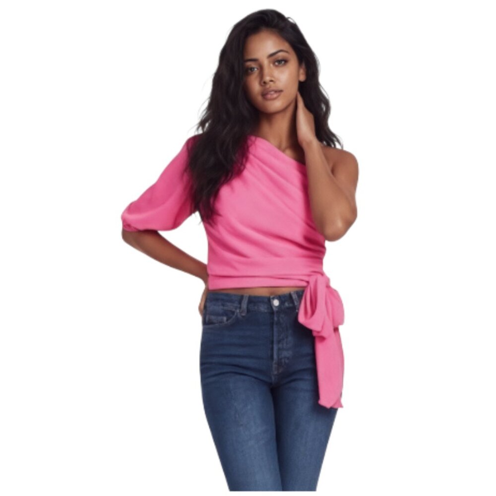 Amanda Uprichard One-Shoulder Hot Pink Wrap Crop Top